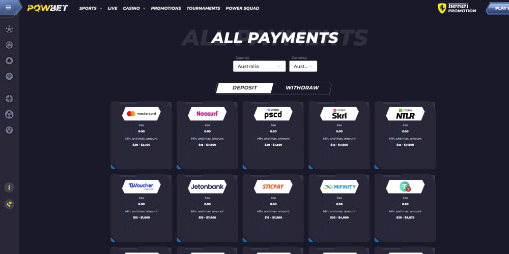 Powbet payment methods